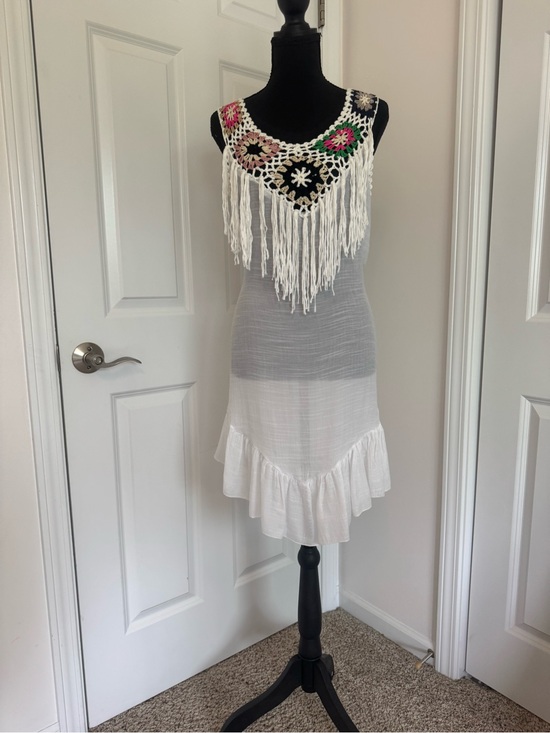 Kanima Dresses & Skirts - Boho Crochet Granny Square Fringe Dress Sleeveless Festival Beach Cover Up NWT